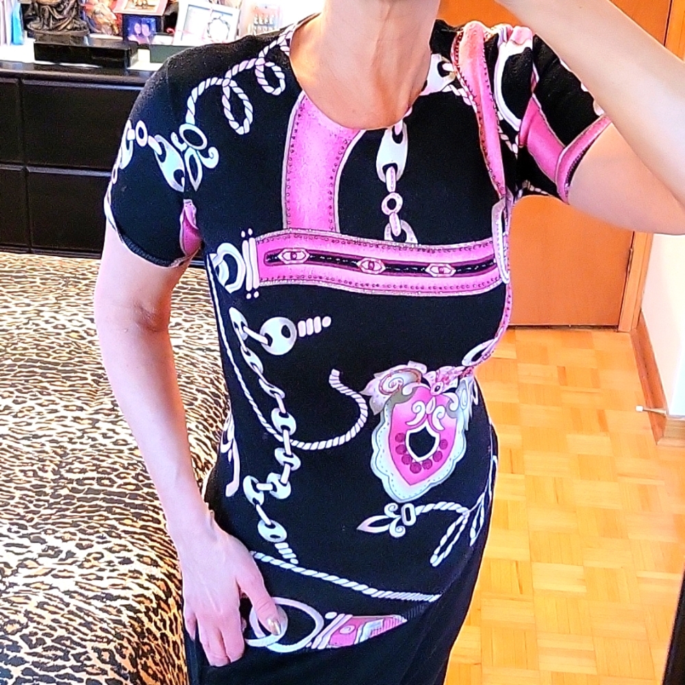 Versace-look Black & Pink Beaded Stretch Knit Short-Sleeve Top, M
